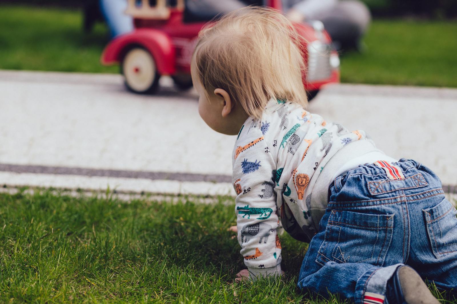 Toddler crawling outdoors toward a toy