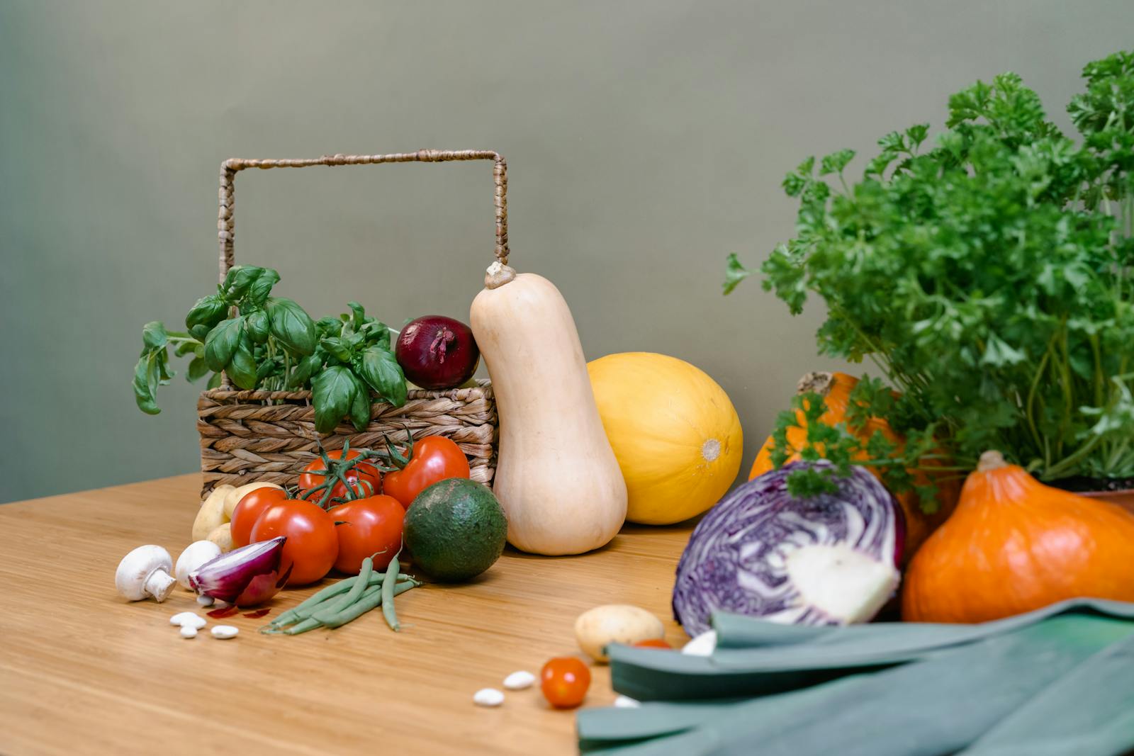 Assorted fresh produce and herbs